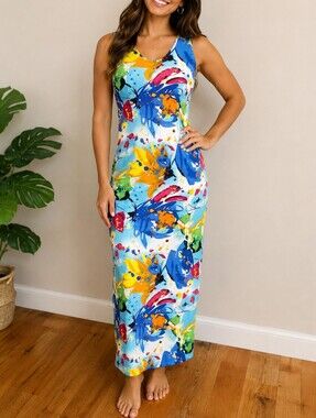 Beach, Hawaian Luau Maxi Watercolor splash Dress, Size M-L